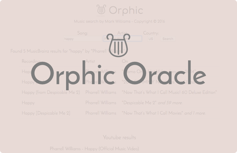 Orphic Oracle screenshot with a semi-opaque pink overlay with the words 'Orphic Oracle' in large grey letters vertically and horizontally centered with the logo, a drawing of a lyre, centered just above the words.