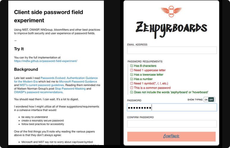 Screenshot of password experiment demo and documentation