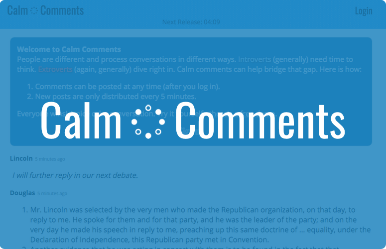 Calm Comments screenshot with a semi-opaque blue overlay with the words 'Calm Comments' in large white letters with the logo, a circle of dots, in between the words.