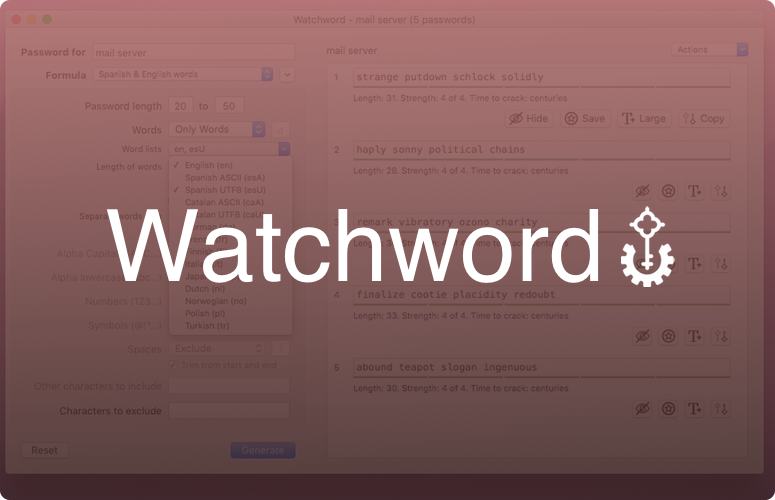Watchword screenshot with a semi-opaque red gradient overlay with the word 'Watchword' in large white letters vertically and horizontally centered with the logo, a stylized key, trailing the word.